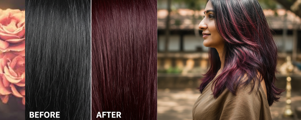 NILINI Burgundy Ayurvedic Hair Color – Indian woman with deep rich burgundy grey coverage by Shesha Ayurveda
