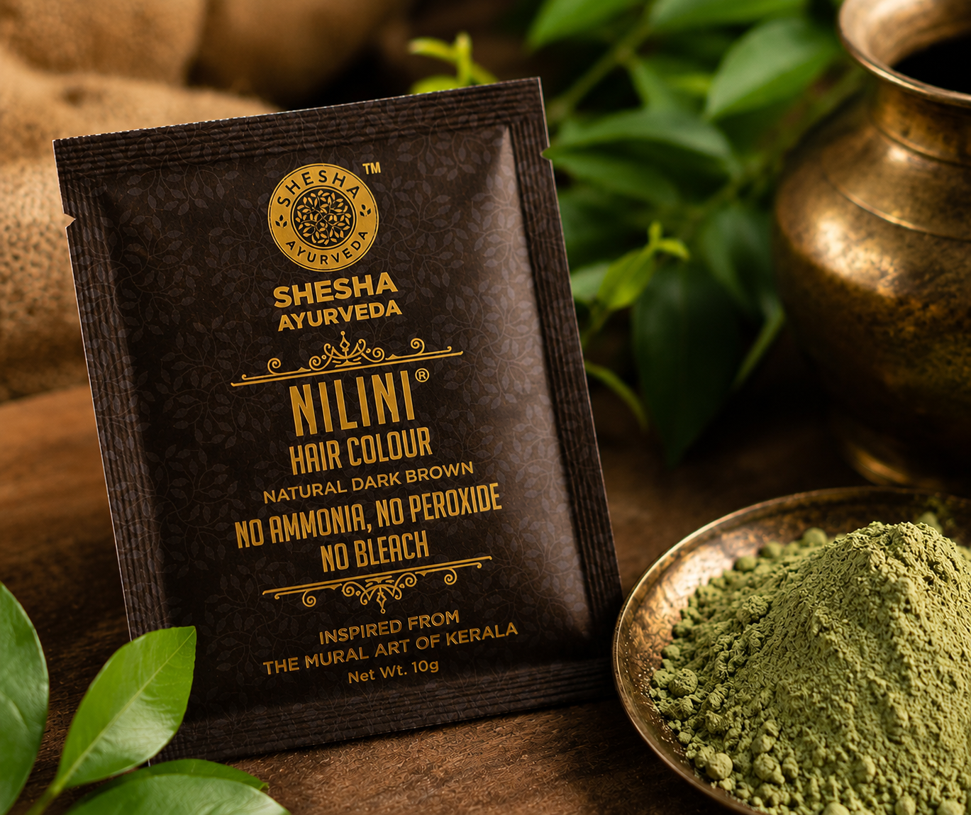 NILINI Dark Brown Ayurvedic hair color sachet – Coffee Indigo Black Tea formula by Shesha Ayurveda